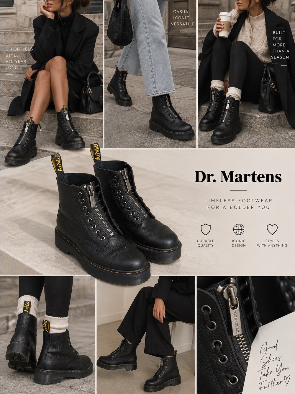 Dr. Martens Black Leather Lace-Up Zip Combat Boots
